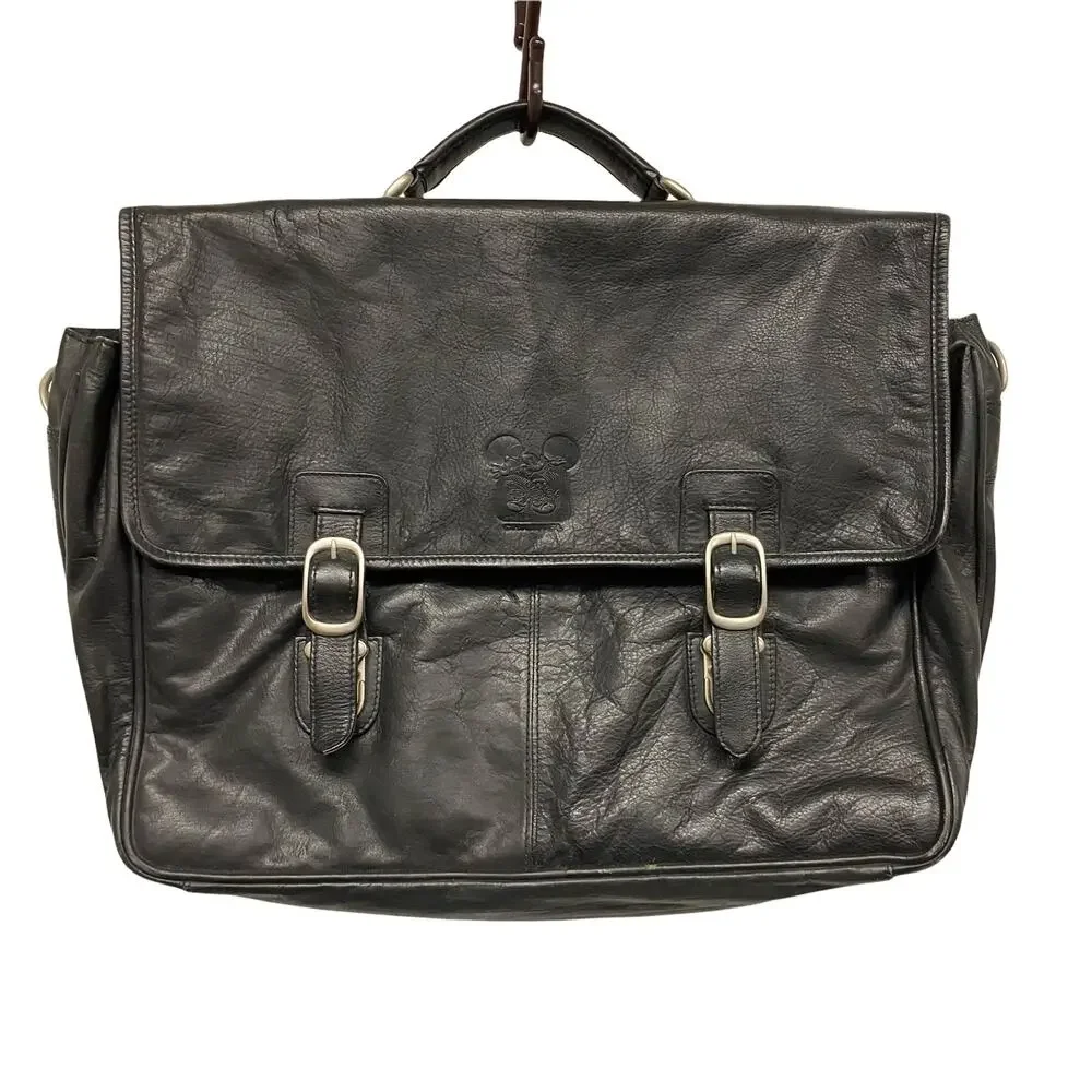 Vintage St Dennis Disney Channel Black Leather Flap Satchel Briefcase